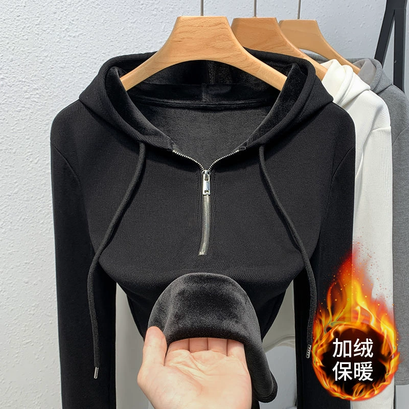 Плюшевая толстая рубашка с капюшоном женская 2024 осень и зима новая половинная молния тонкая футболка с серебряной лисой