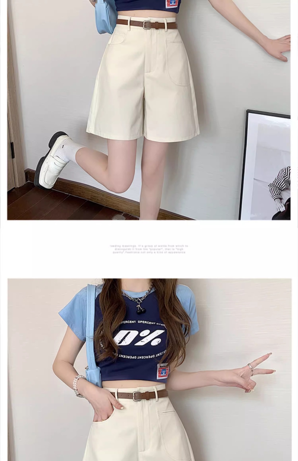 Quần short nữ cạp cao ống rộng dáng suông dài ngang đùi kiểu Hồng Kông — Màu đen chi tiết 13