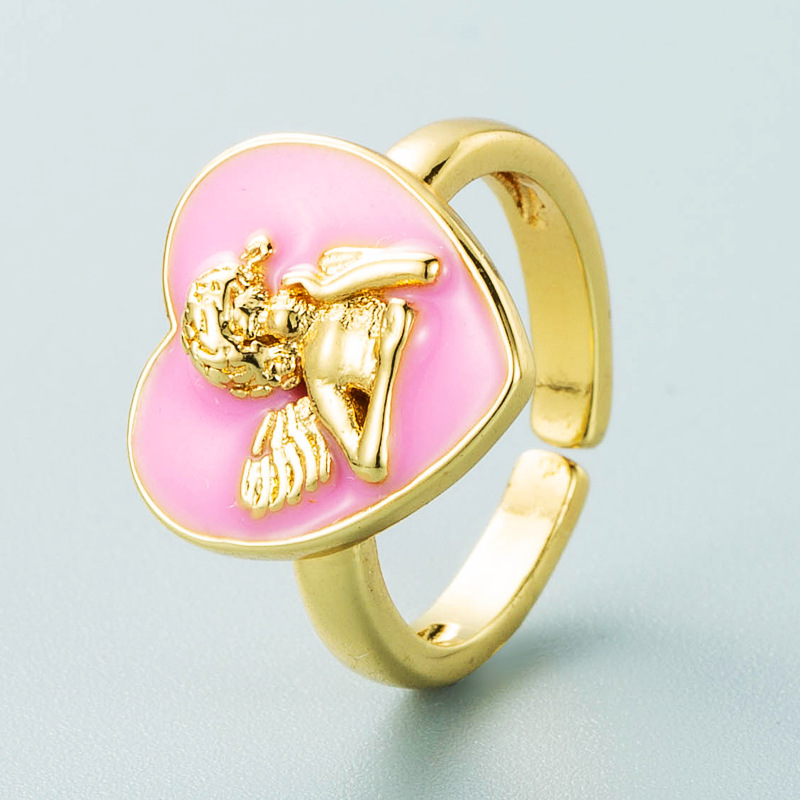 Retro Copper Plated 18k Gold Black White Pink Blue Dripping Oil Heart Angel Ring display picture 3