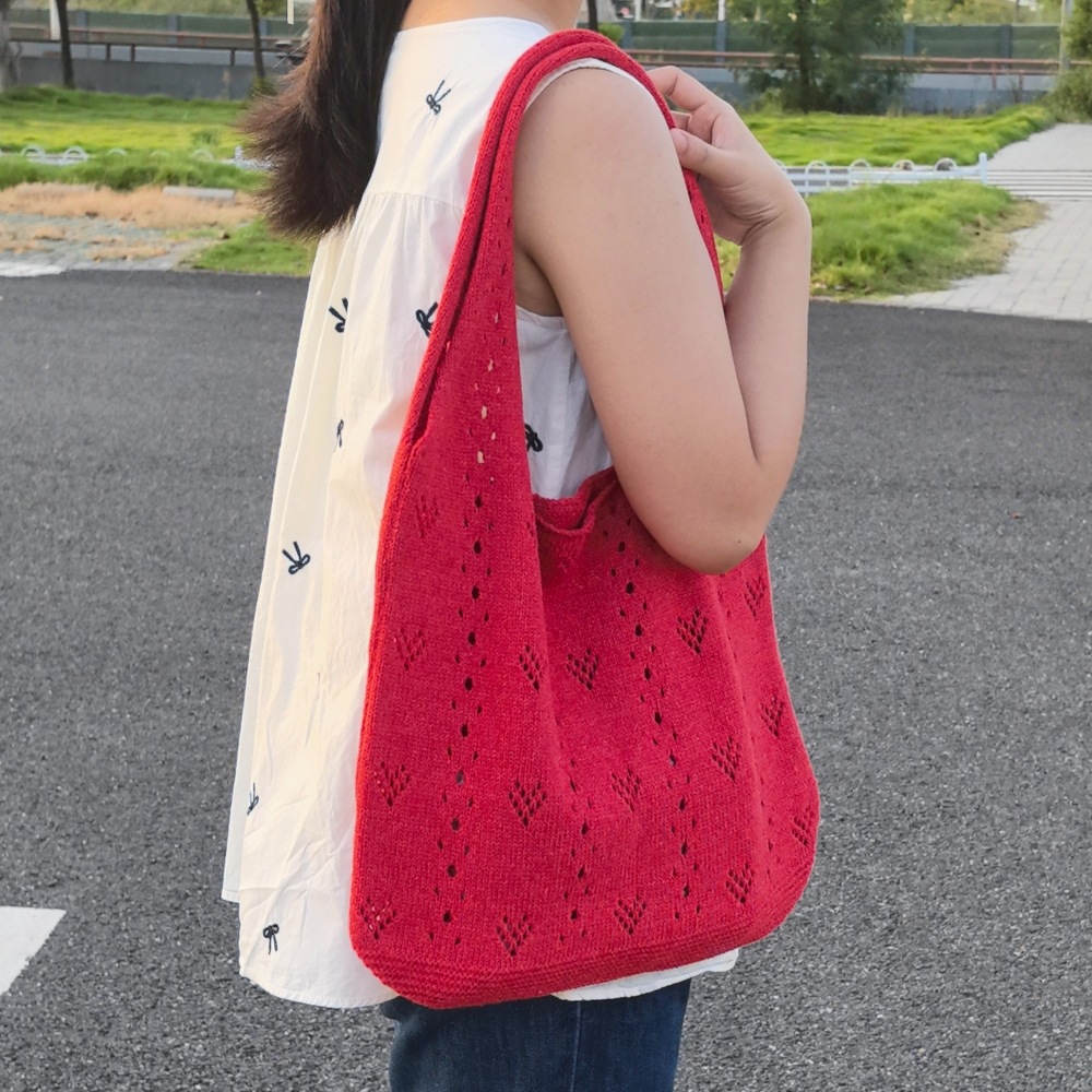 女士爱心镂空针织包大容量编织钩针包时尚百搭单肩包复古毛线包女