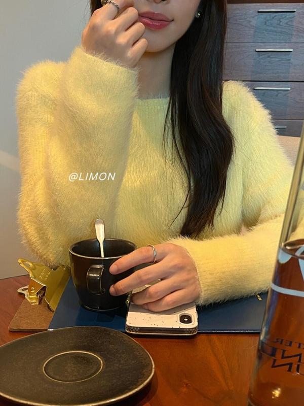 柠檬绿茶秋冬韩系新款时髦甜美软糯毛茸茸仿貂绒百搭针织毛衣|undefined