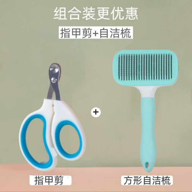 녹색 사각형 자가 청소 빗 + 손톱 가위