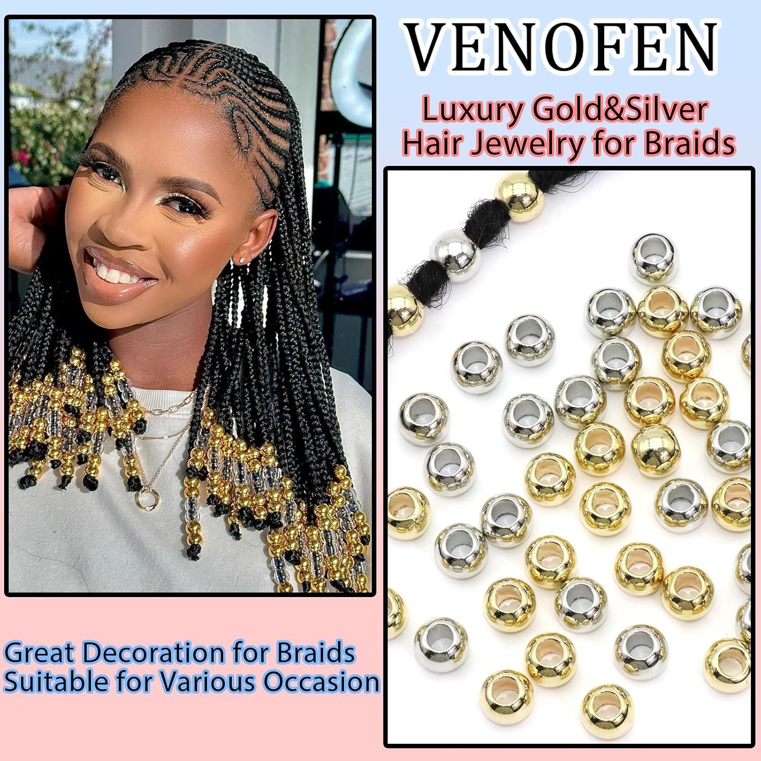 Accesorios de joyería de cuentas redondas de aleación de bricolaje Juego de cuentas de metal de Amazon para trenzas sucias, trenzas y accesorios para el cabello