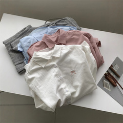 甘美減齢蝶結び刺繍折り襟純綿シャツ女性気質百合ゆったり大版Polo襟カーディガン春