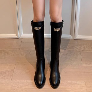 Brand expensive gas ~ French retro British style lock boots women's winter 2023 new leather high tube