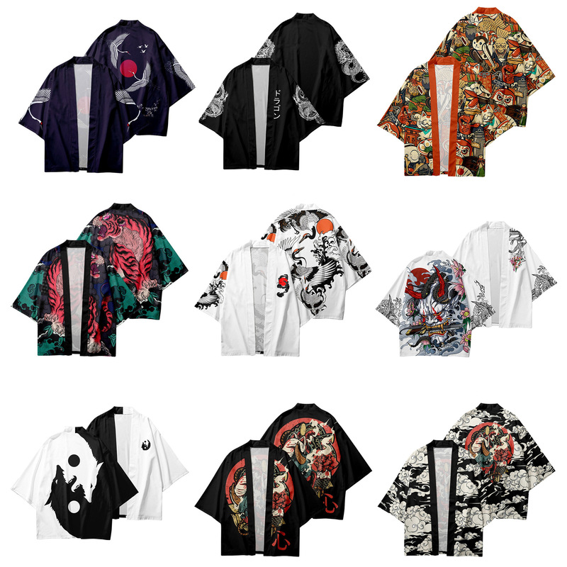 2025 New Japanese Ukiyo-e Series Element Cape Kimono Robe All-match Cardigan Seven-sleeve Shirt Summer