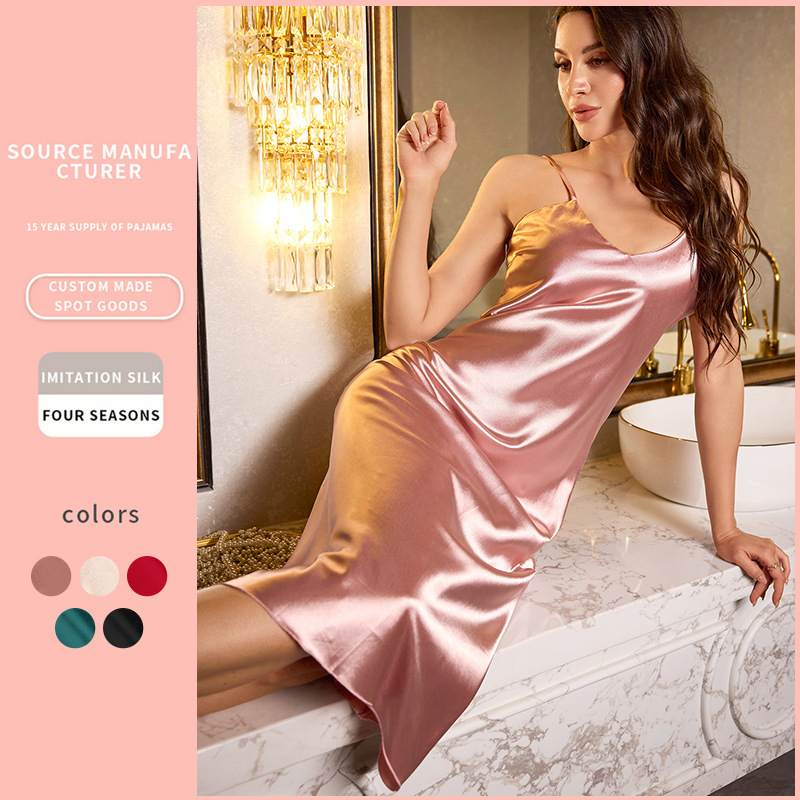 국경 간 Denilyn Nightdress 여성의 여름 아이스 실크 간단한 섹시한 실크 슬링 파자마 유행 통기성 홈 의류