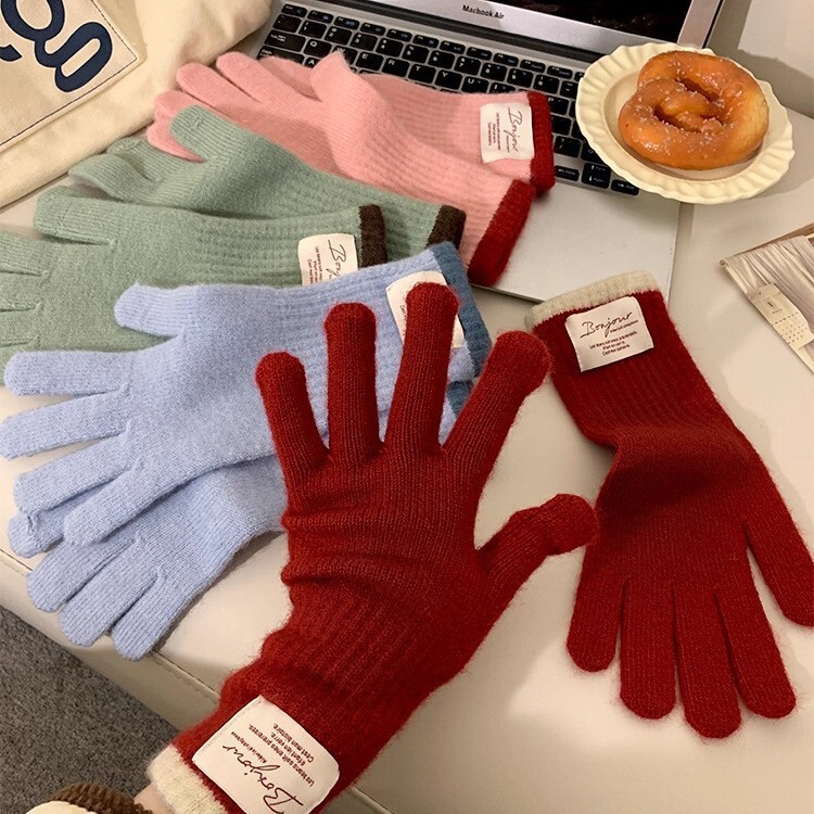 Blue Knitted Gloves with Wool Patches for Women in Winter, Korean Style, Long, Warm, Thickeneded, Fingered, Cycling, Touchable, Pure Color