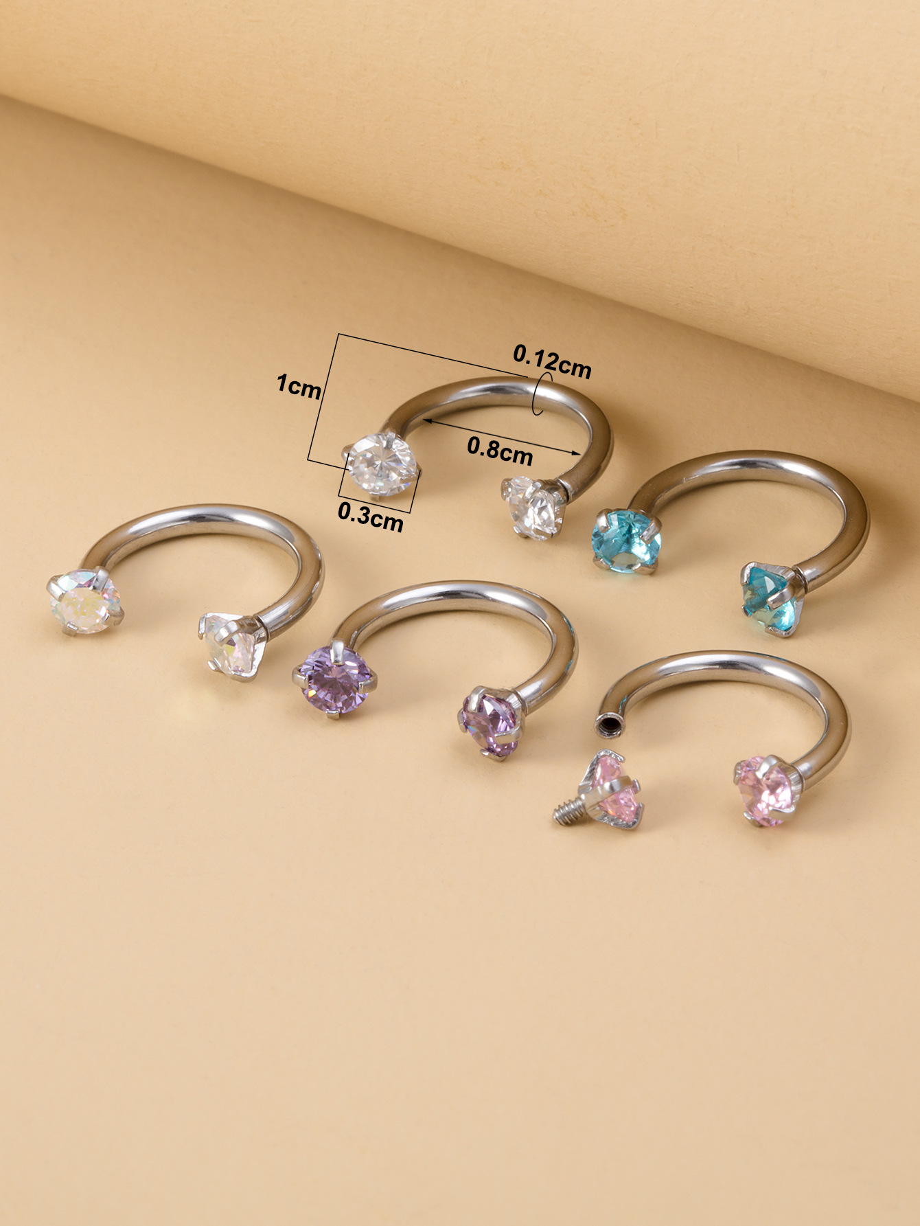 Simple Style U Shape Stainless Steel Inlay Zircon Eyebrow Nails 5 Pieces