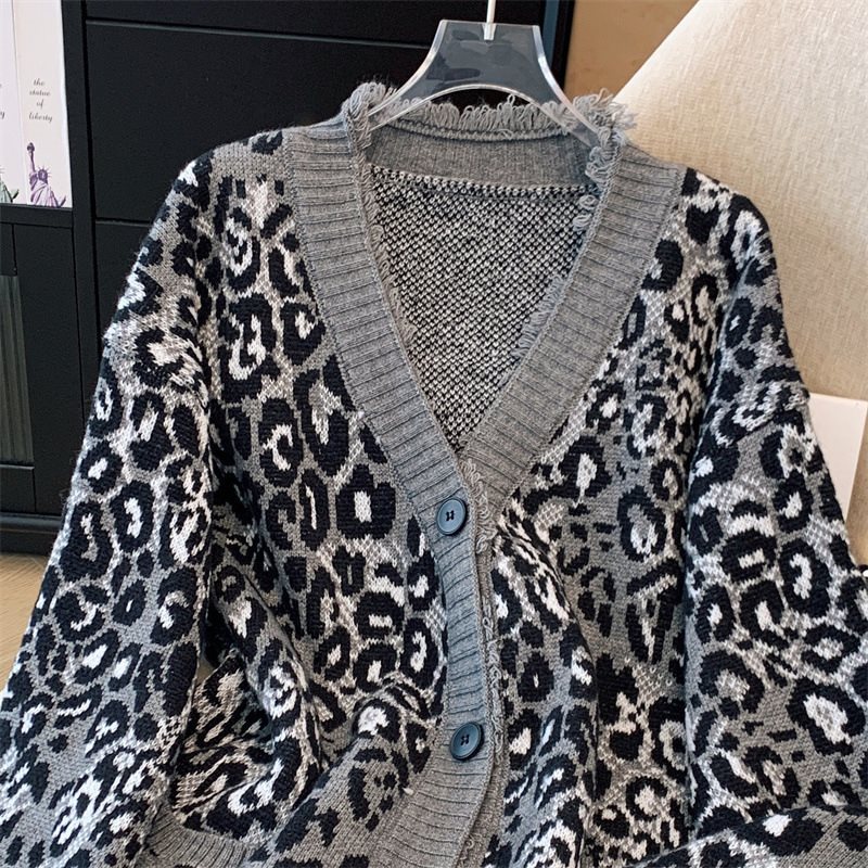 (2개) 리얼 샷 유럽 역 가을 새로운 레오파드 무늬 대비 컬러 V-넥 싱글 브레스트 모피 긴 소매 게으른 바람 스웨터 여성용 코트