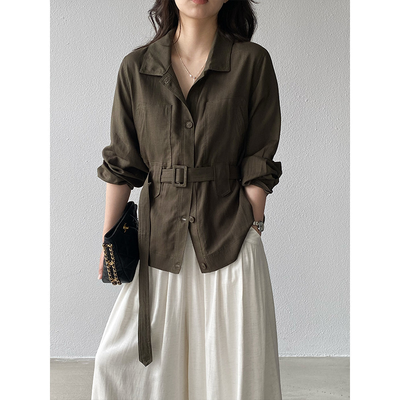 Jiangzuo Old Money Style Retro Olive Green Linen Waist-Cinched Shirt for Women 2026 Spring/Summer Versatile Long-Sleeve Top 2610 Jiangzuo Old Money Style Retro Olive Green Linen Waist-Cinched Shirt for Women 2026 Spring/Summer Versatile Long-Sleeve Top 2610