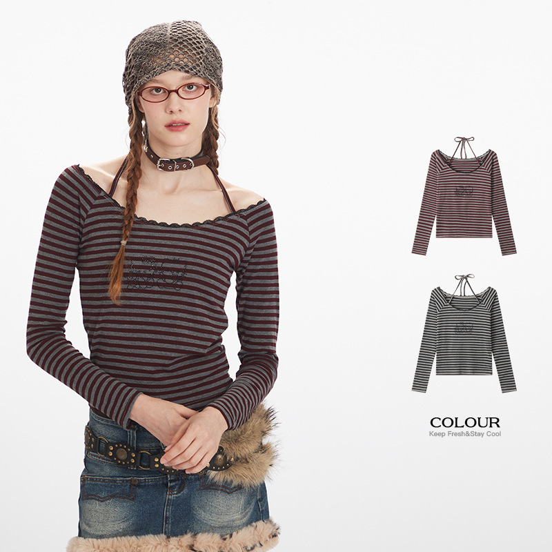 Heyhenry One-Shoulder Stripesd Autum Long-Sleeved T-Shirt Women's Slim Short Halterneck Inner Bottoming Sexy Top