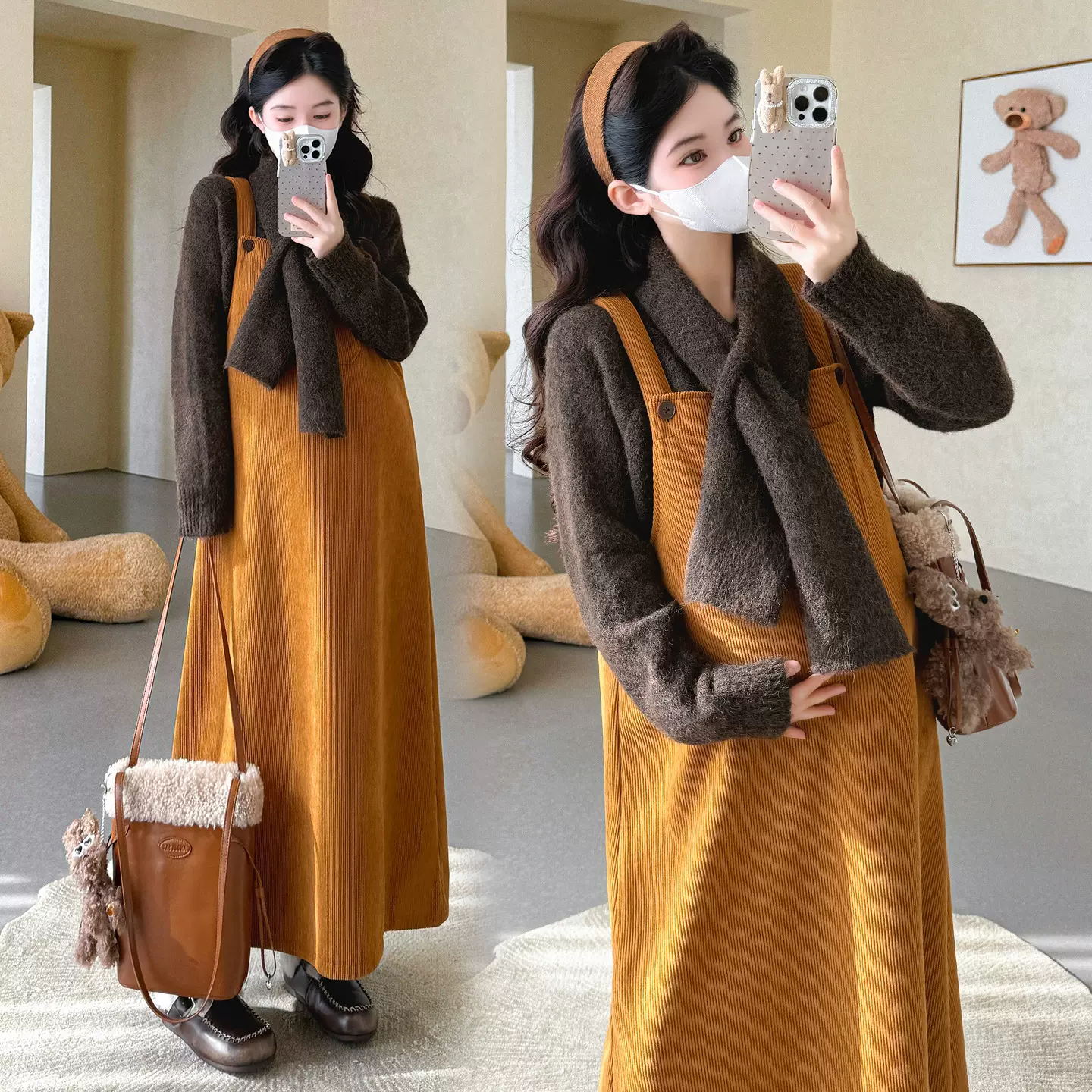 网红款孕妇装2025冬季新款加绒加厚中长款背心裙宽松毛衣韩系套装