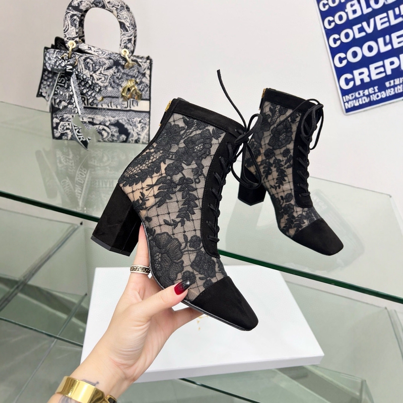 D Brand 2023 Spring/Summer Embroidered Jacquard 4inch Mesh Boots High Heels Bow Color-Blocking Women's Shoes Fashionable Versatile