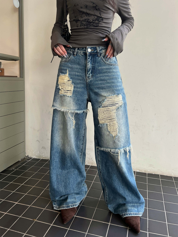 潮流美式复古高腰不规则假两件破洞牛仔拖地裤牛仔阔腿裤 G-1831|undefined