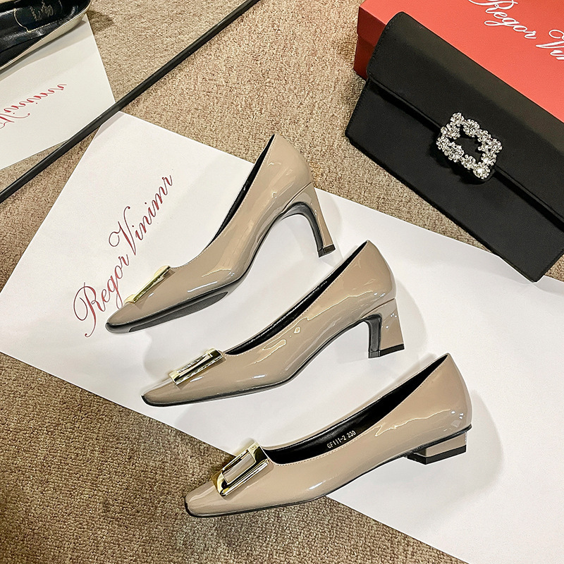 2025 정품 가죽 스퀘어 토우 두꺼운 힐 프렌치 RV 스퀘어 버클 싱글 슈즈 여성 하이힐 플랫 슈즈 스틸레토 여성 슈즈 하이 버전