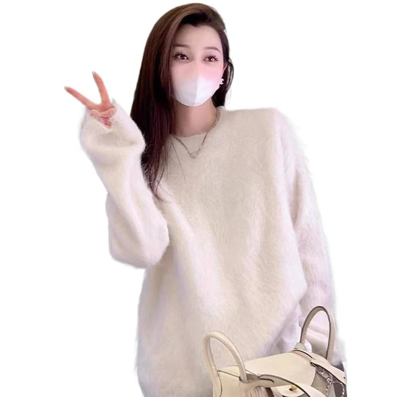 温柔水貂绒紫色圆领毛衣女秋冬外穿加厚宽松软糯慵懒风内搭针织衫|undefined