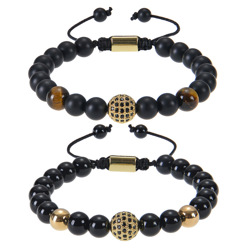 European and American Retro Frosted Stone Tiger Eye Bracelet Copper Micro-inlaid Zircon Diamond Ball Bracelet Couple's Woven Handmade Jewelry