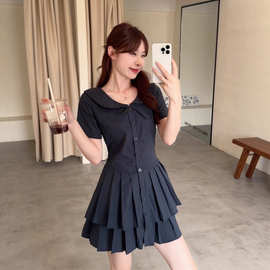 韩系学院风娃娃领衬衫连衣裙夏季高级感甜美初恋收腰显瘦百褶短裙