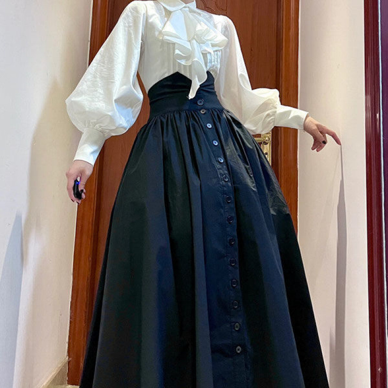 大码胖法式宫廷风灯笼袖衬衫女春秋季赫本风气质高腰黑色半身裙|undefined