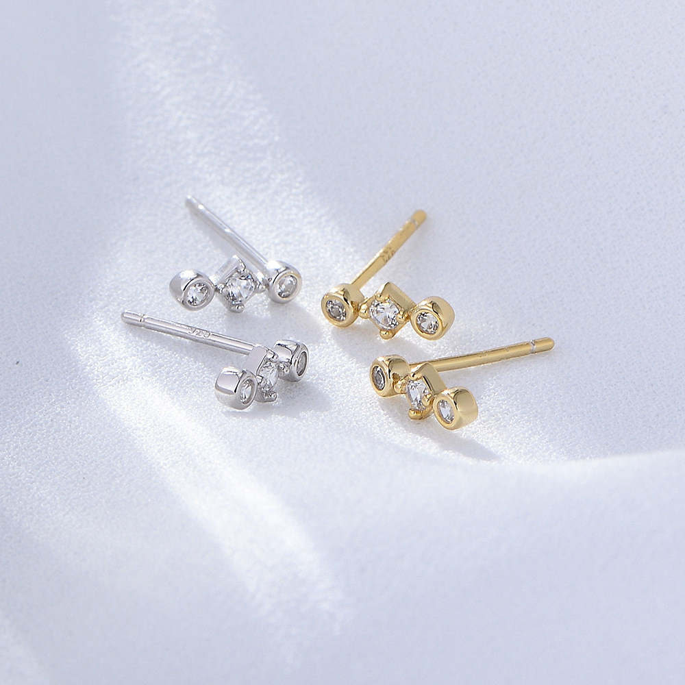 14K Real Gold Plated, Rhodium Plated Plating Material Zircon Inlay Material Ear Studs Classification 1 Pair 925 Sterling Silver Zircon Round Rhombus Ear Studs