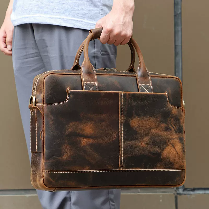 严选疯马皮男包真皮公文包复古男士手提包休闲商务15.6英寸电脑包