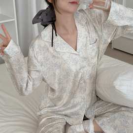 25年长袖冰丝家居服衬衫领睡衣韩风ins款瑞云上梦境法式翻领舒适