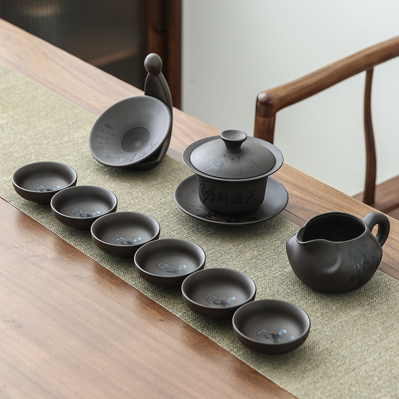 Complete Zisha Gongfu Tea Set 2022 New Model Home Use Ceramic Tea Cup and Teapot with Engraving Office Use
