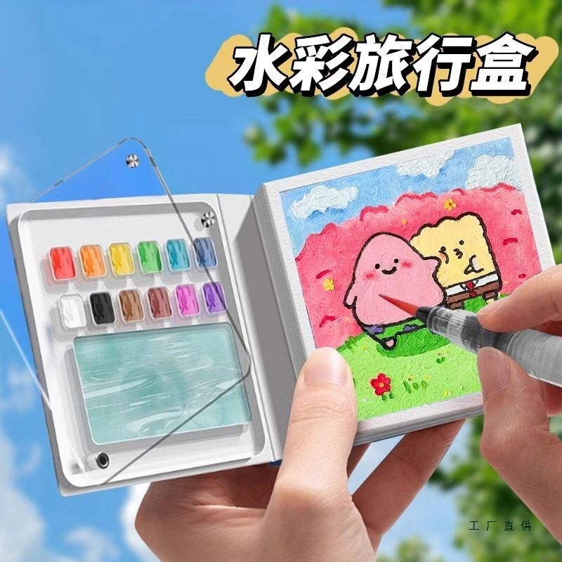 Mini Watercolor Paint Box and Small Notebook, Acrylic Watercolor Paints, Portable Small Drawing Board and Small Drawing Book