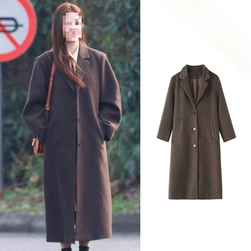 Белый Олень в том же стиле Гонконгский стиль ретро темперамент средней длины, шерстяное пальто с лацканами, профильное высококачественное пальто