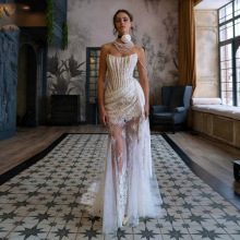 高端欧美女装性感蕾丝透视拼接束腰抹胸连衣裙优雅气质礼服裙子女