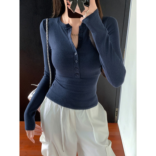 Spicy Girl Tight Off-Shoulder Long-Sleeve T-Shirt for Women 2025 Spring/Summer Base Layer Slimming Innerwear with Buttons—Student Style Top