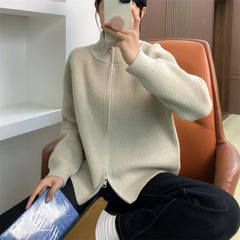 韩版双拉链亮丝软糯针织开衫女2025秋新款设计感立领宽松毛衣外套