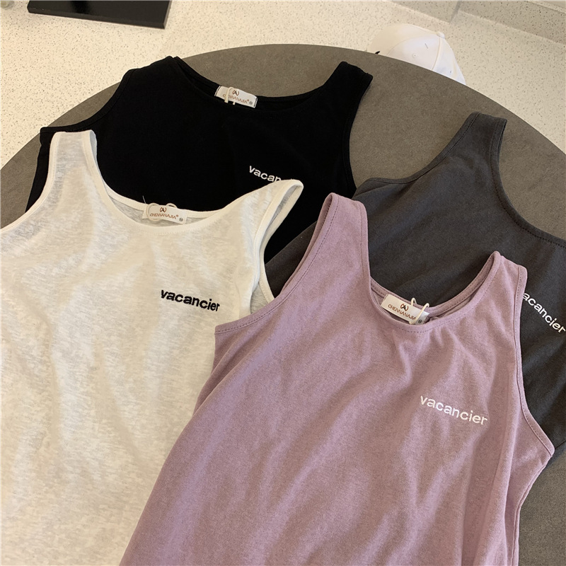 Slub Cotton Letter Embroidered Vest Women's 21-Year Summer Cool and Fresh U-Neck Inner Top Sleeveless T-Shirt for Outer Wear