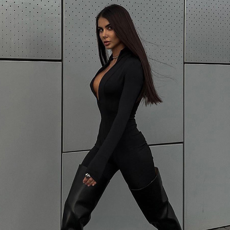 Women's Sexy Zip-Up Jumpsuit – Stretchy Long Sleeve Bodycon Romper (S-L, High Waist Casual Outfit For Streetwear & Lounge)​_voghion.com