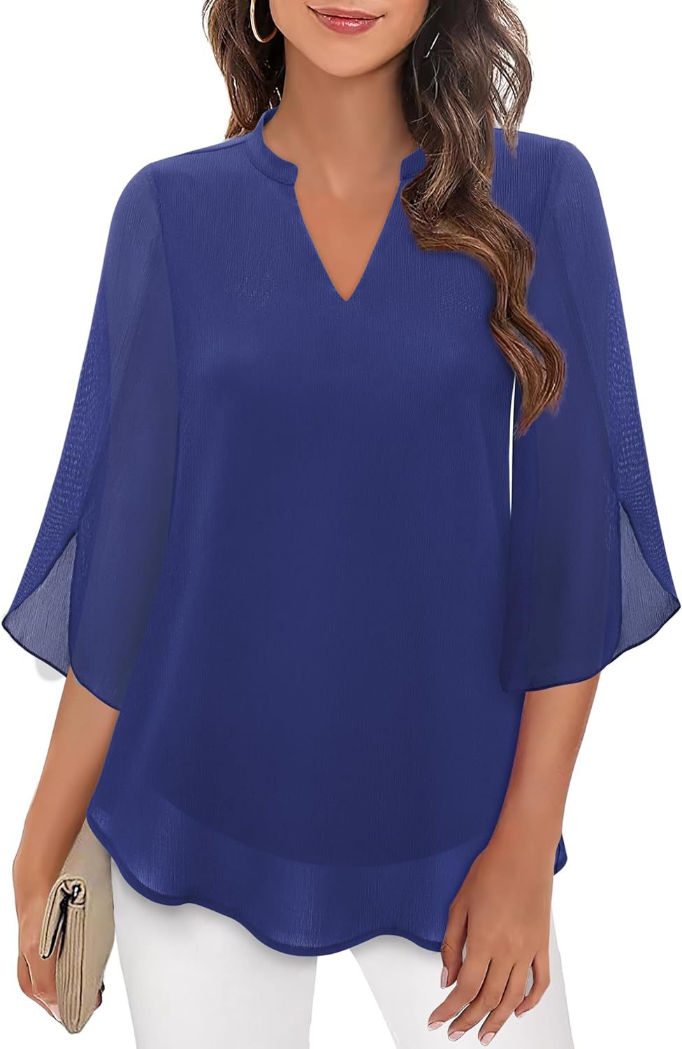 Damen Chiffonbluse Mit V-ausschnitt Und Blütenärmeln_voghion.com