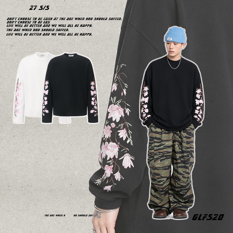 GLFS cross-border ins popular floral embroidery long-sleeve sweatshirt waffle long T-shirt American style for young couples