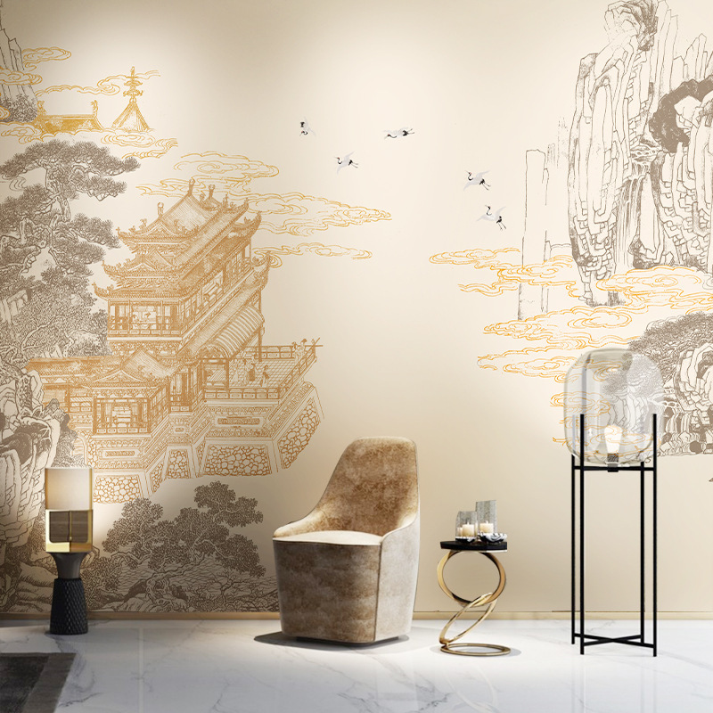 定制中式建筑亭台阁楼沙发背景墙贴纸古风茶室饭店餐厅火锅店壁纸