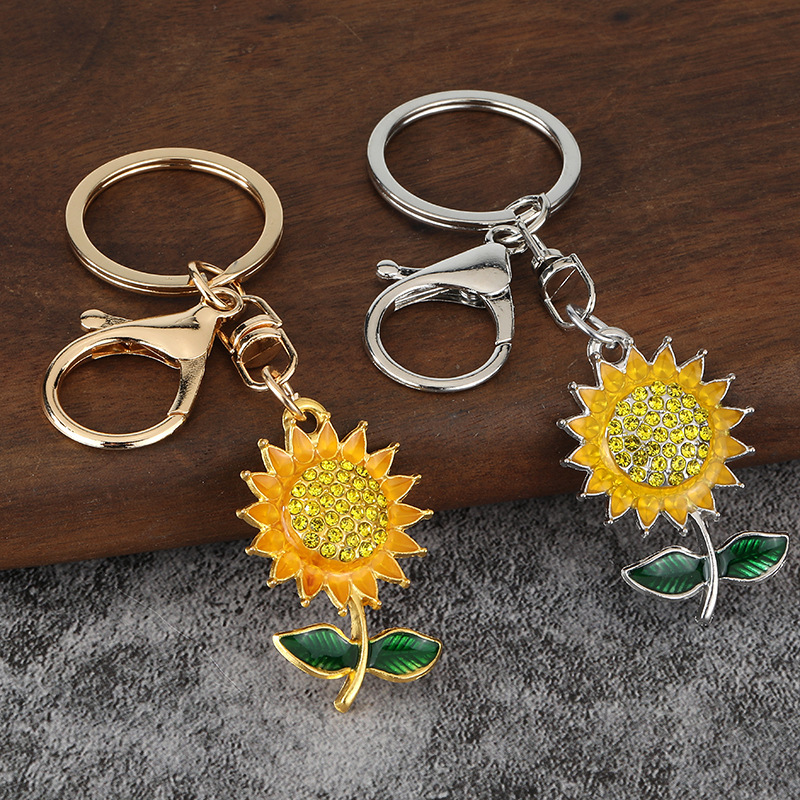 Cross-Border Popular Metal High-End Rhinestone Keychain Sunflower Plant Tree Flower Backpack Pendant Batch Order
