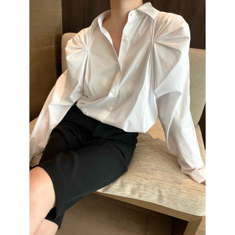 Longmei Shoulder Ruched Shirt for Women 2026 Early Spring New Vkc Style Simple Commuting Loose Turn-Down Collar Long Sleeve Top