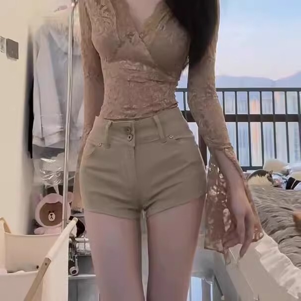 American Style Hot Girl High Waist Denim Shorts Women's khaki Summer Y2K Millennium Slim-Fit Stretch Hip Hot Pants American Style Hot Girl High Waist Denim Shorts Women's khaki Summer Y2K Millennium Slim-Fit Stretch Hip Hot Pants