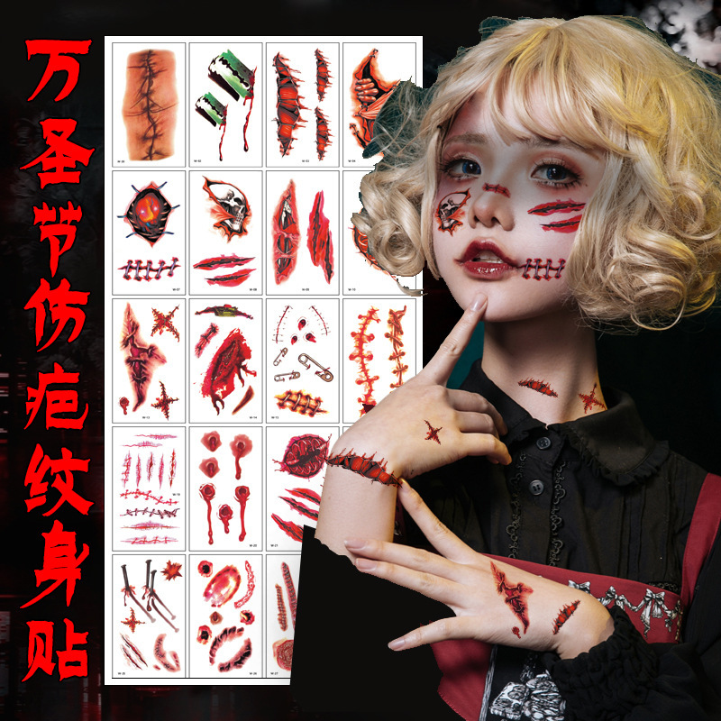 Cross-border New Halloween Tattoo Sticker High Sense Men's and Women's Party Simulation Scar Horror Temporary Tattoo Sticker