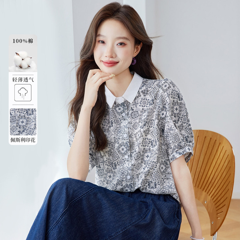 Cotton Paisley Print Shirt for Women, Short Sleeve, 2026 Summer New Style, Patchwork Design, Pure Cotton Blouse