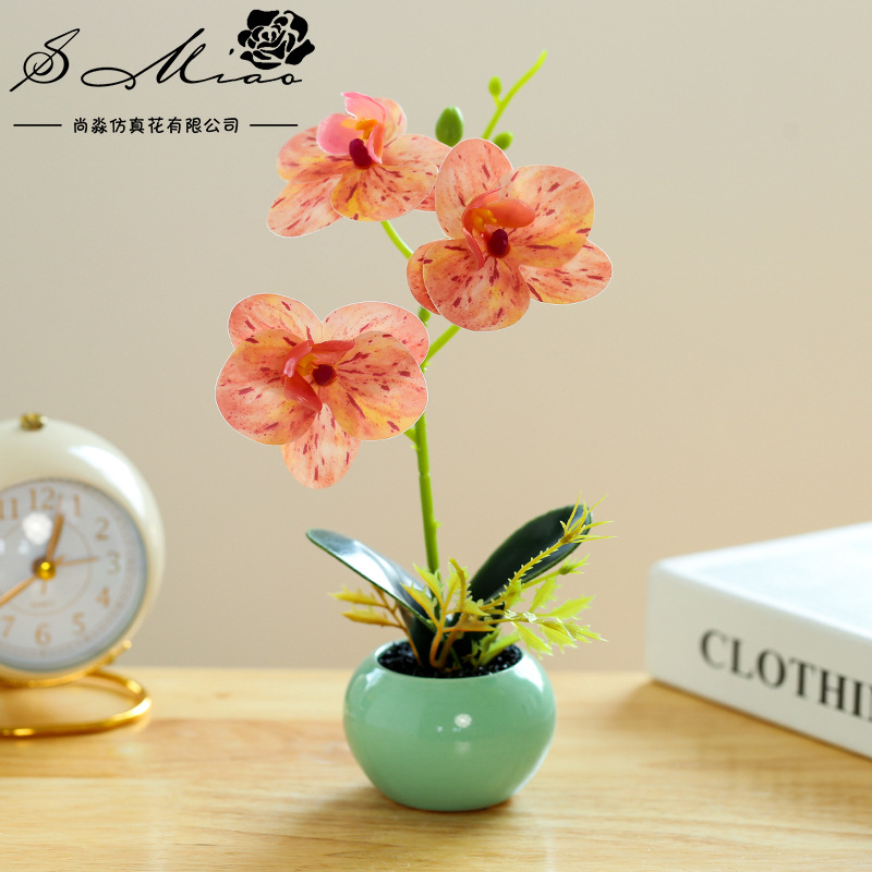Popular flor artificial pequeña olla redonda de tres flores película Phalaenopsis bonsai creativo interior pequeña decoración artificial planta bonsai image 3