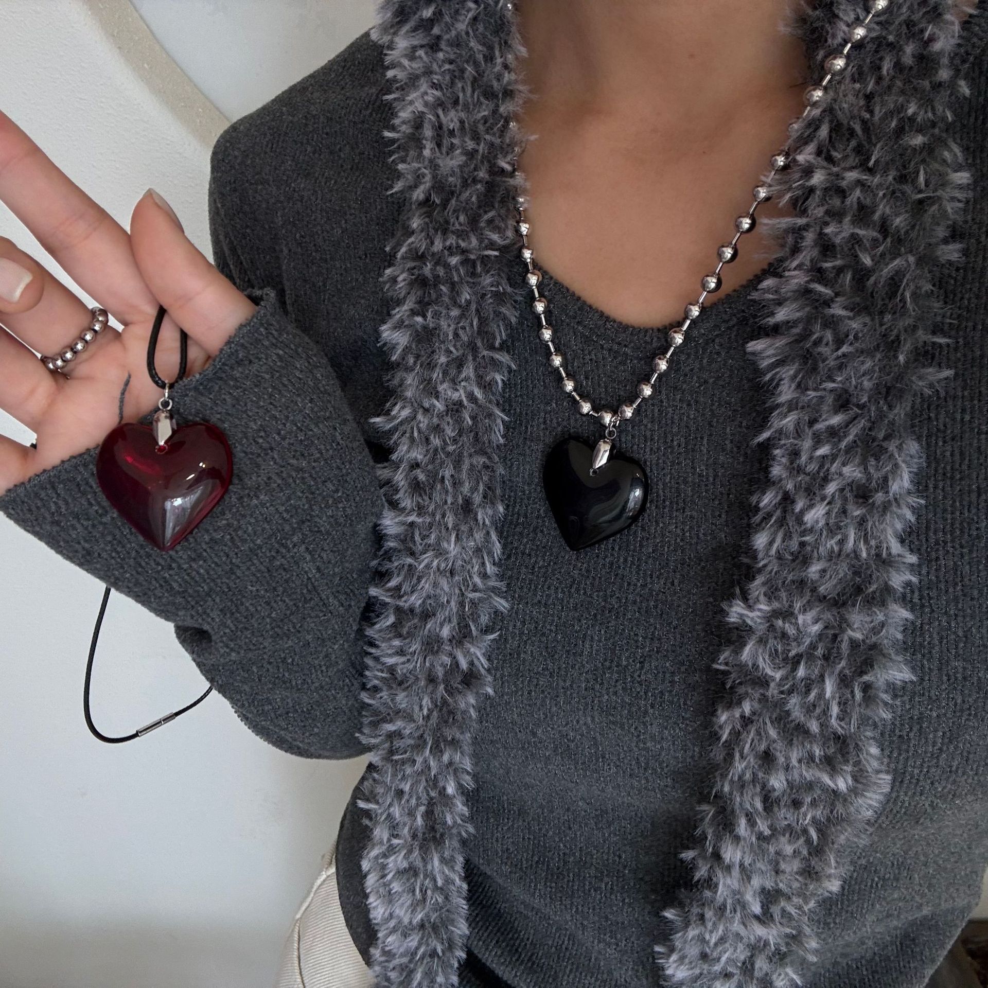 Sweet Cool Style Heart Shape Crystal Leather Rope Titanium Steel Ball Chain Cord String Pendant Necklaces Wholesale display picture 13