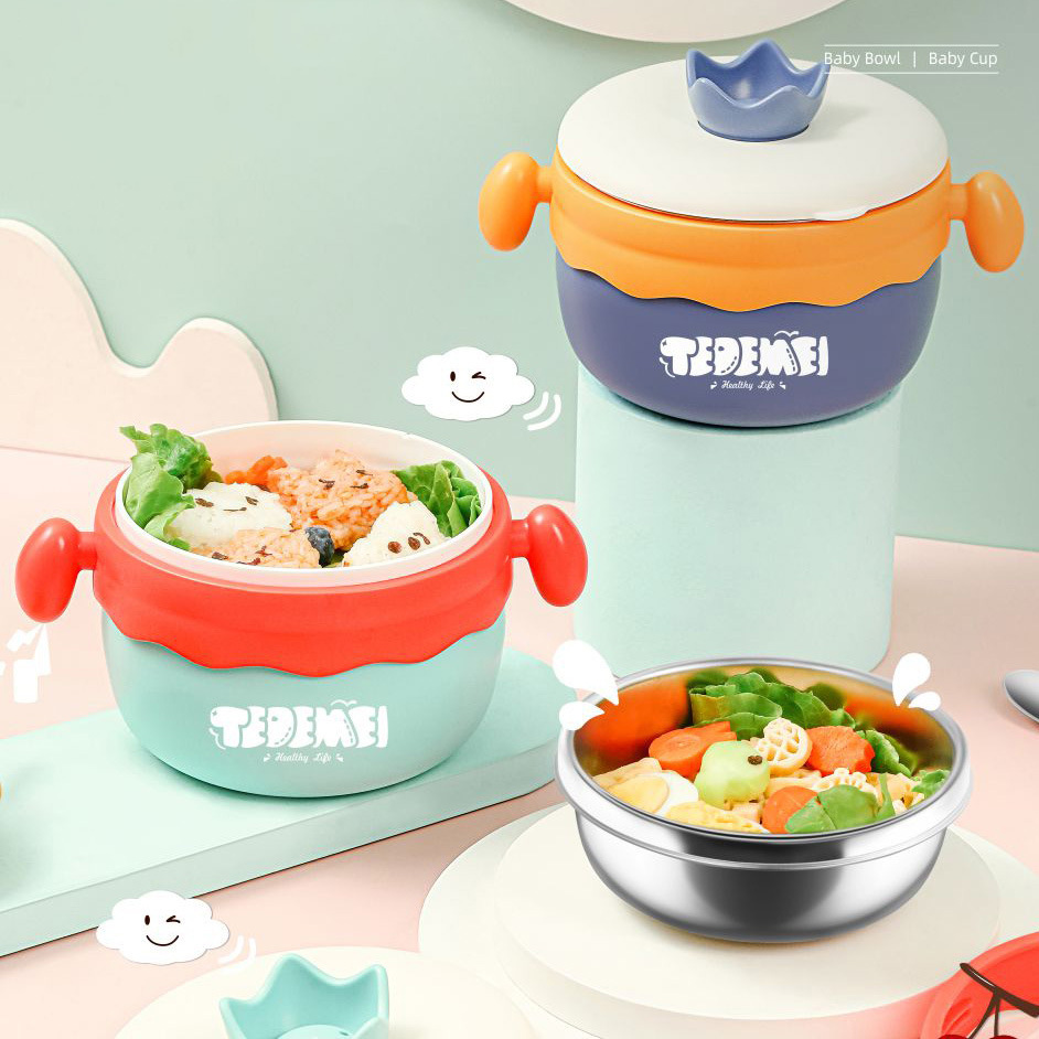 Small and cute baby food supplement lunch box with handle 304 stainless steel children's rice bowl tableware suit factory direct supply