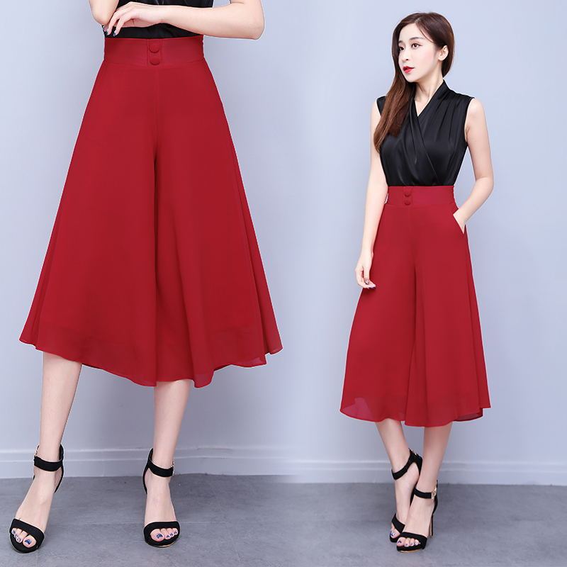 Chiffon Three-quarter Thin Culottes Spring and Summer New High-waisted Wide-leg Loose Skirt Slimming Look Draped Elegant Casual Women's Pants