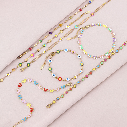 Stainless steel chain for women with a mixed colorful drip oil, versatile geometric shape, titanium steel, eye-shaped petal butterfly heart design