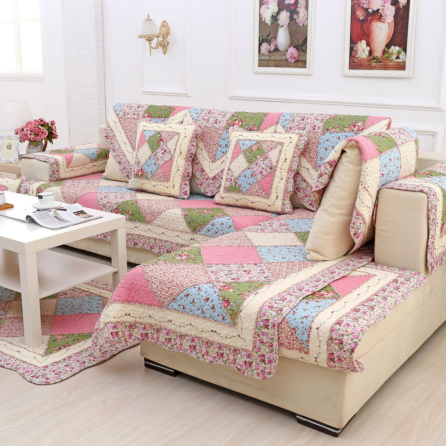 跨境厂家全棉绗缝拼布沙发垫坐垫防滑布艺加厚田园四季通用沙发巾