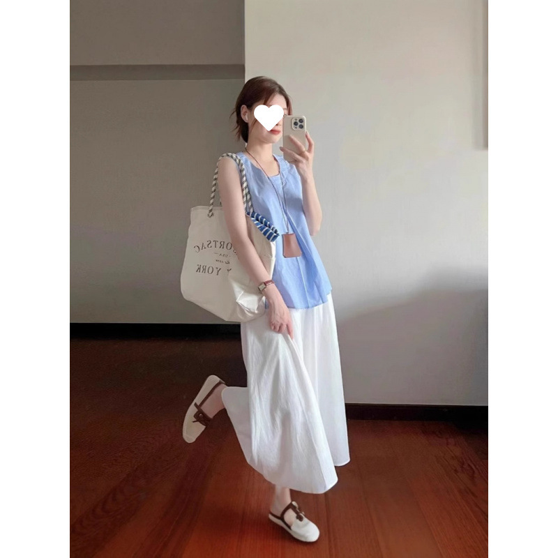 韩系温柔风休闲套装女夏季甜美蓝色无袖背心上衣高腰半身裙两件套|undefined